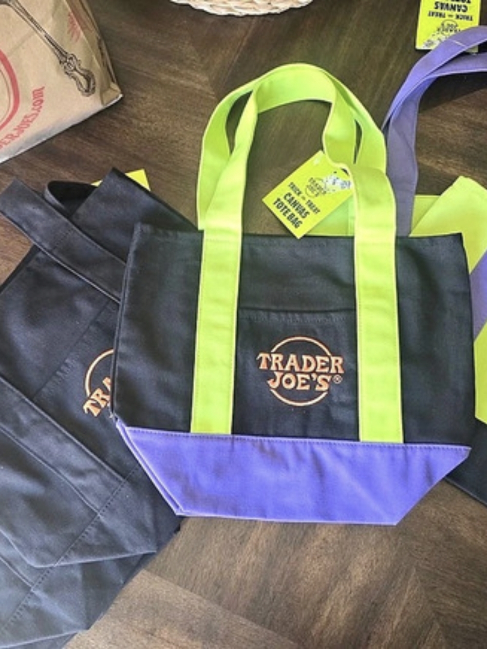Trader Joe's Trick or Treat Canvas Mini Tote Bag Green & Purple